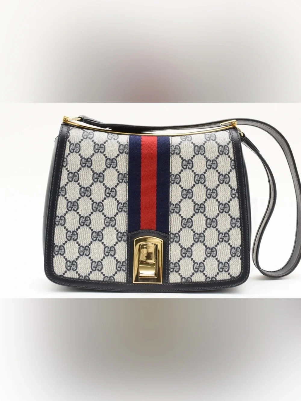 VERY RARE! Vintage GUCCI GG Sherry Shoulder Bag Purse PVC Leather Navy - Picture 3 of 13